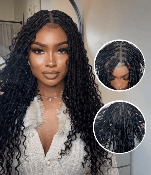 Coco - Small Head Friendly Human Hair Braided Wig Glueless 16"-24" Pre Cut HD Full Elastic Lace Human Hair Boho Curls Free Part Lightweight Ready-To-Go Braided Wig (Lace Not Hand Tied)