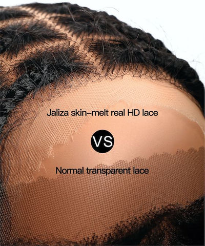 Close-up comparison of JALIZA skin-melt real HD lace versus normal transparent lace on a boho locs braided wig
