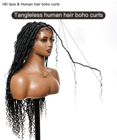 JALIZA black boho locs braided wig with HD lace frontal and tangle-free human hair boho curls, shown on a mannequin with a close-up of curled loc ends