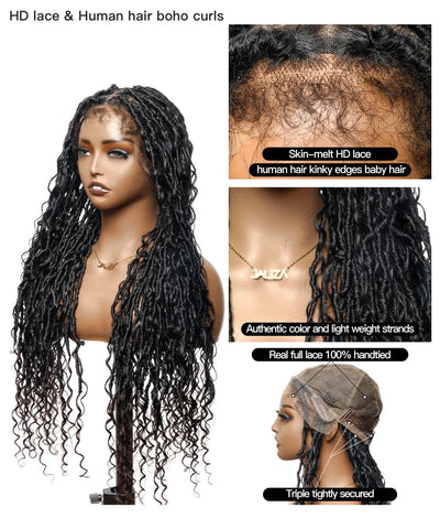 Boho Style Locs Braided Wig Full Hand-tied HD Lace 65 Strands - Human Baby Hair