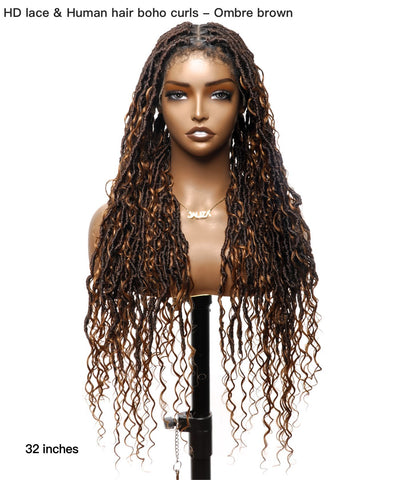 JALIZA 32 inch Ombre Brown Boho Curls HD Lace Braided Wig (Mannequin - Front View)