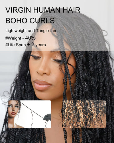 Blend 1B 27 Color Human Hair Lace Knotless Boho Box Braided Wig