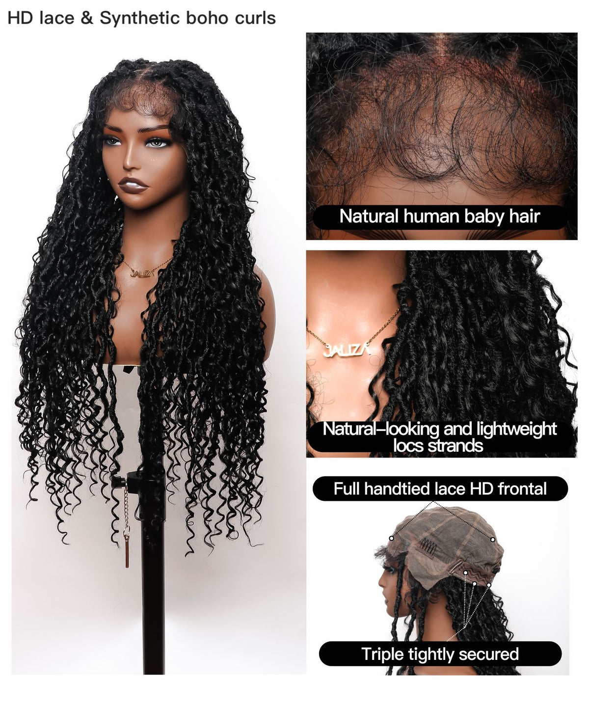 JALIZA 32 inch Black Boho Locs HD Lace Braided Wig (Mannequin - Front View)