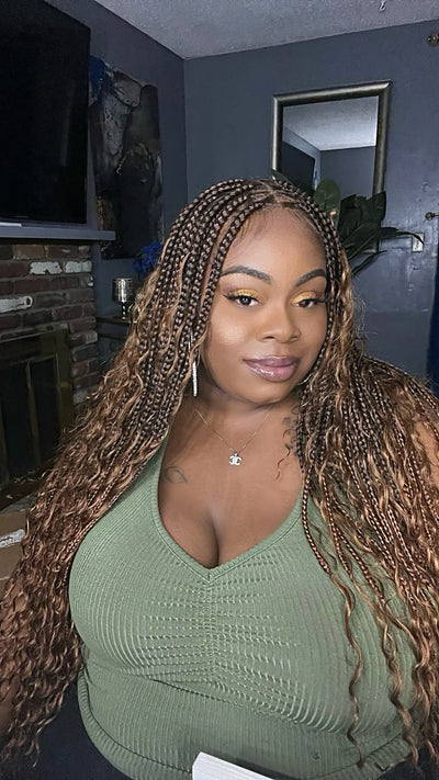 JALIZA 36 inch Honey Blond 1B/27 Boho Box Braids Full Lace Human Hair Wig (Model - Front View)