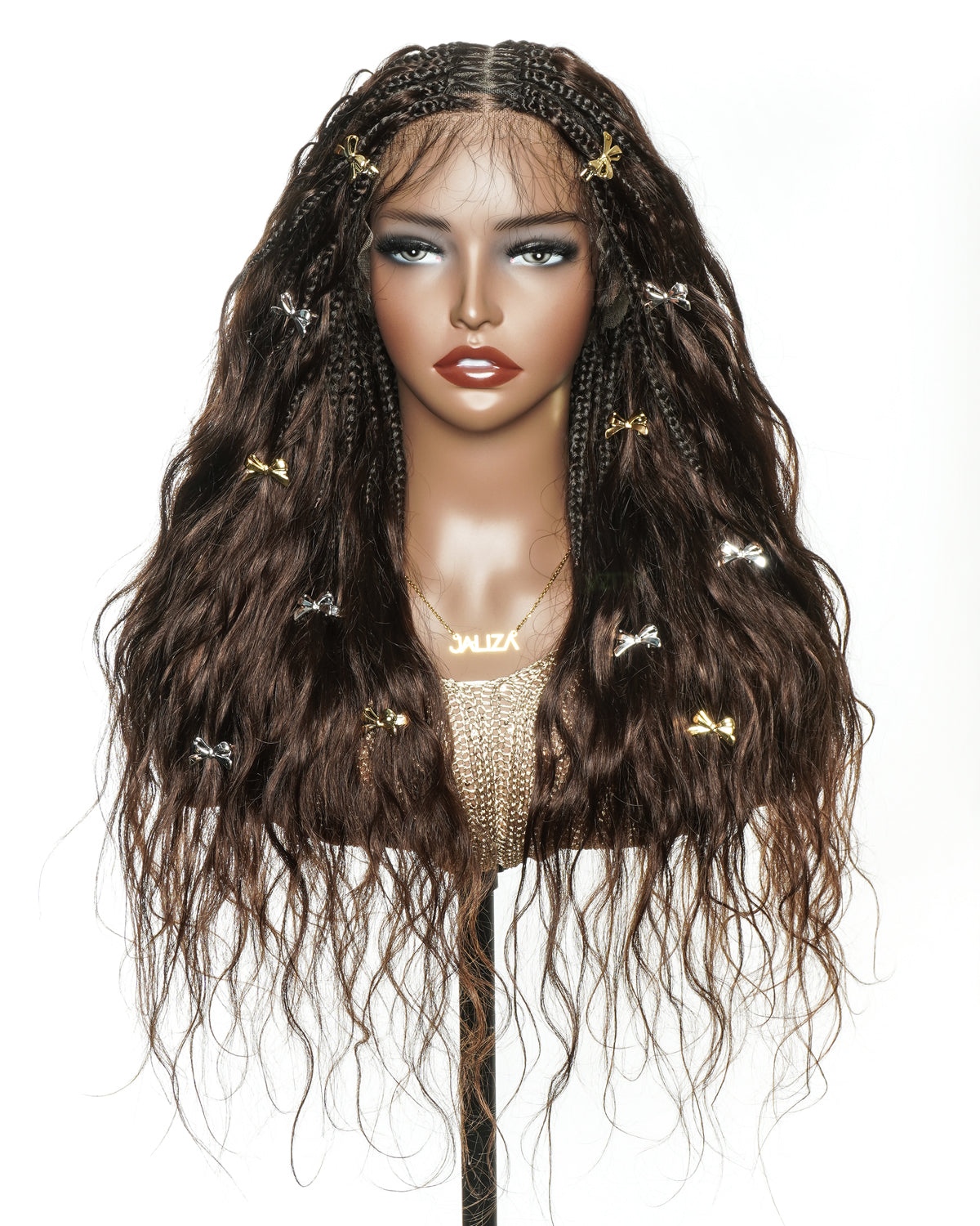 Long dark brown boho braids with butterfly accessories