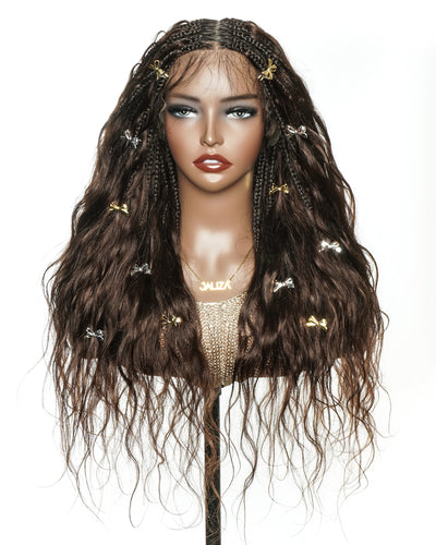 Long dark brown boho braids with butterfly accessories