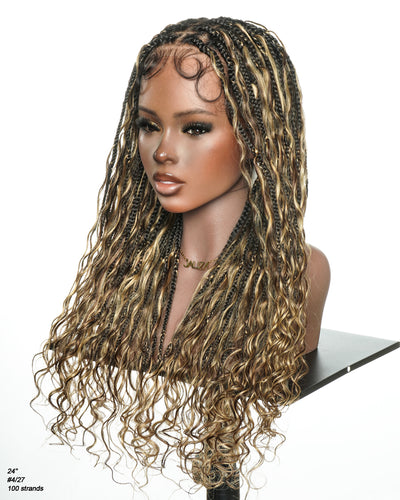 Kiki -  24" Pre Bleached Human Hair Lace Base Swiss HD Full Lace Human Hair Curls Boho Box Braided Wig