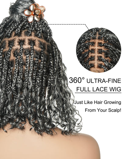 Kiki Bob - 12" Pre Bleached HD Full Lace Bob Boho Box Braided Wig With Human Hair Boho Curls