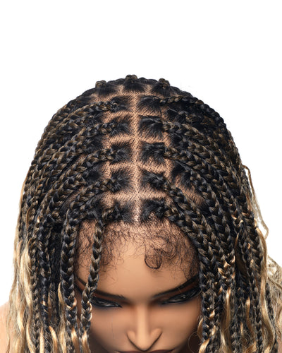 36" Human Hair Boho Curls Swiss HD Lace Knotless Box Braided Wig Full Hand-tied - Human Baby Hair