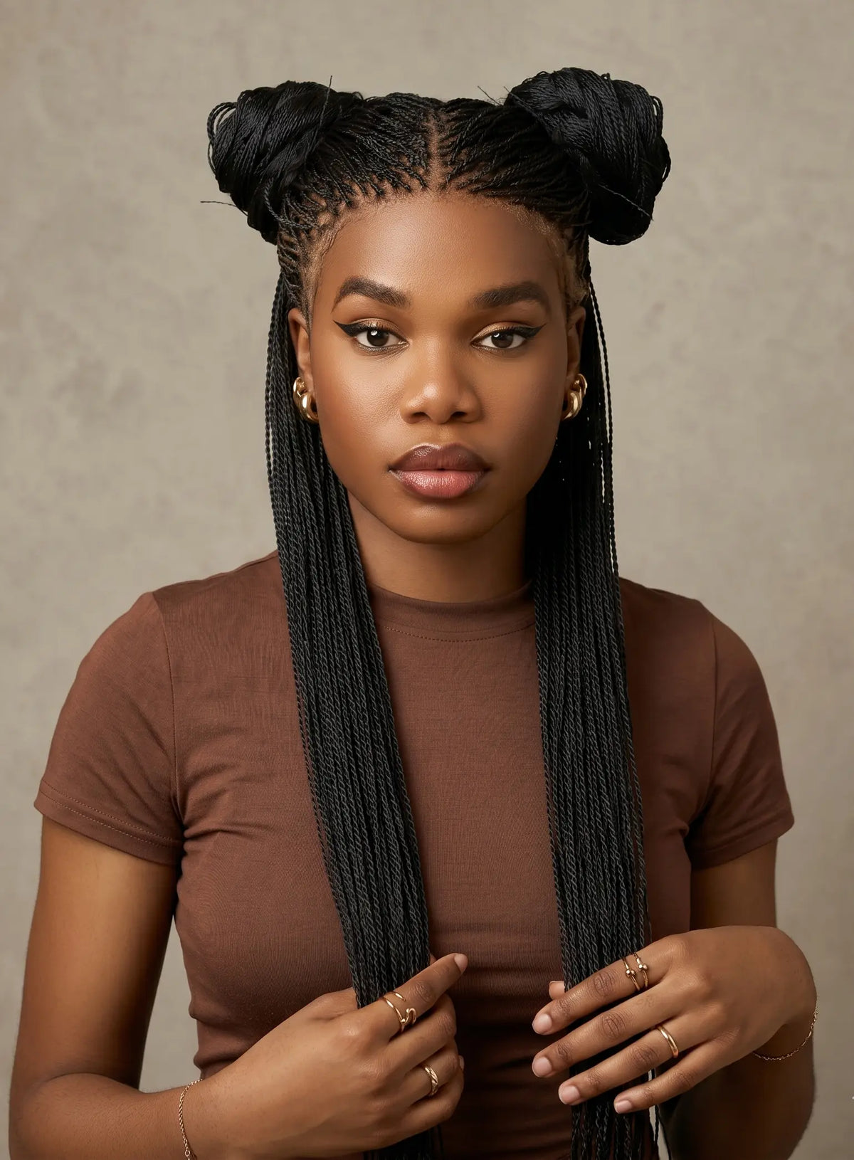 black 36-inch micro twist full lace wig with double buns
