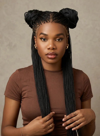 black 36-inch micro twist full lace wig with double buns