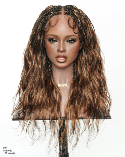 Michelle - Salon-Style Glueless Miracle Braided Wig Pre-Bleached Swiss HD Full Lace Boho Box Braids Bora Bora Human Hair Body Wave Curls