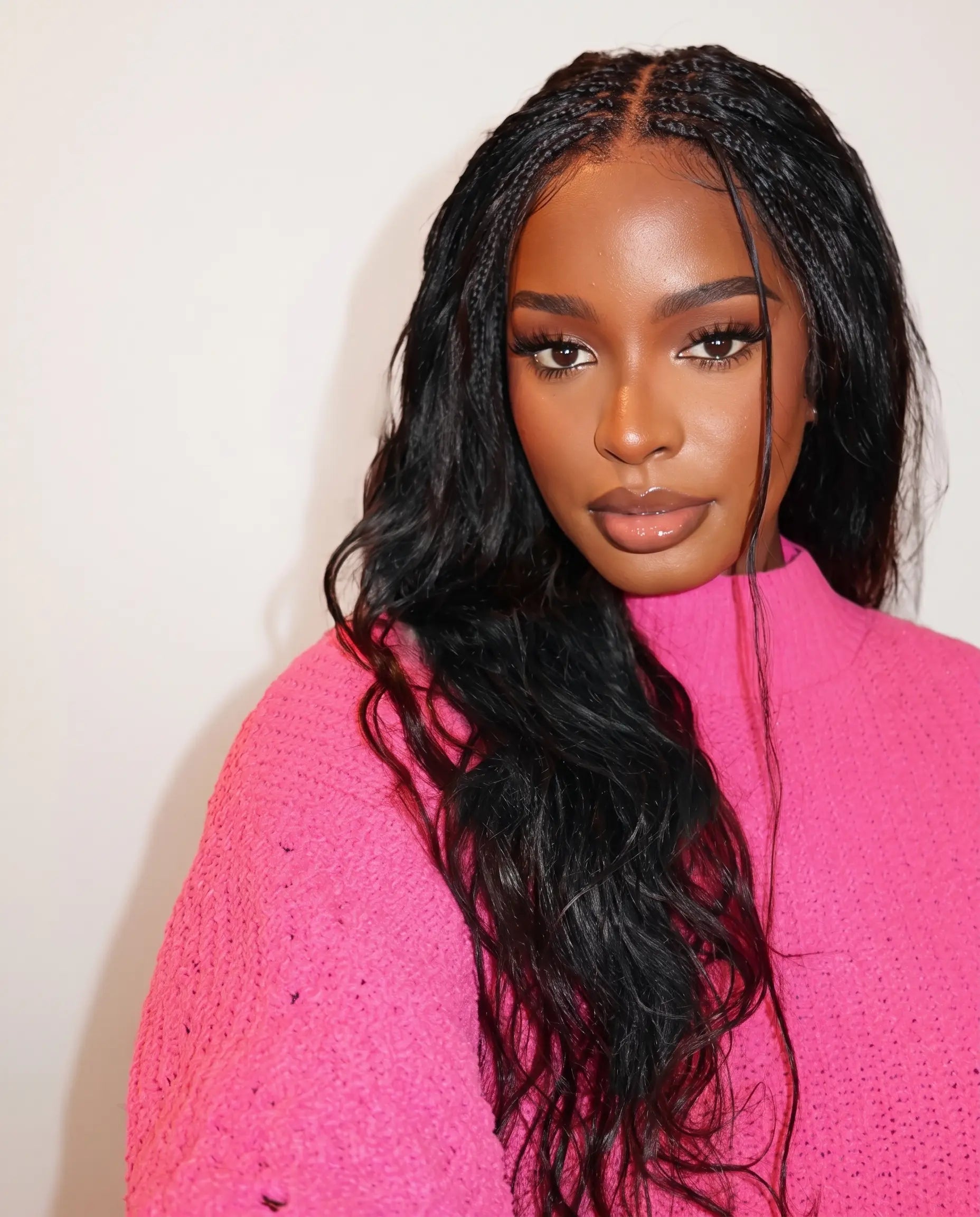 Michelle - Salon-Style Glueless Miracle Braided Wig Pre-Bleached Swiss HD Full Lace Boho Box Braids Bora Bora Human Hair Body Wave Curls