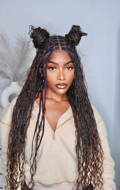 Mila - 34" 100% Hand-tied Full Lace Human Hair Boho Curls Knotless Boho Braided Wig 88 Strands (Lightweight Volume)