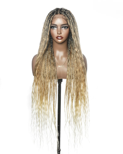 Balayage Mix Color 27/613 Human Hair Wet & Wavy Curls 36" Knotless Boho Box Pre Bleached HD Full Lace Braided Wig