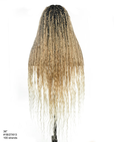Balayage Mix Color 27/613 Human Hair Wet & Wavy Curls 36" Knotless Boho Box Pre Bleached HD Full Lace Braided Wig