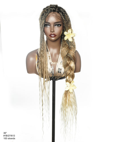 Balayage Mix Color 27/613 Human Hair Wet & Wavy Curls 36" Knotless Boho Box Pre Bleached HD Full Lace Braided Wig