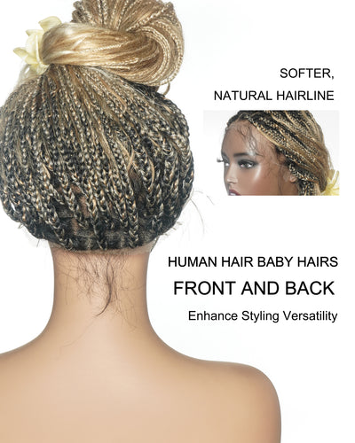 Balayage Mix Color 27/613 Human Hair Wet & Wavy Curls 36" Knotless Boho Box Pre Bleached HD Full Lace Braided Wig