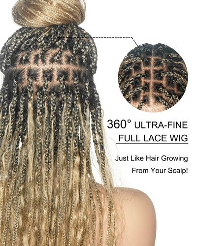 Balayage Mix Color 27/613 Human Hair Wet & Wavy Curls 36" Knotless Boho Box Pre Bleached HD Full Lace Braided Wig