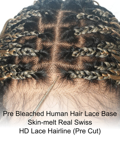 Balayage Mix Color 27/613 Human Hair Wet & Wavy Curls 36" Knotless Boho Box Pre Bleached HD Full Lace Braided Wig
