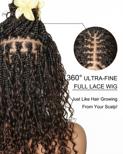 Nami - Drawstring Cap Glueless Water Wave Human Hair Curls Pre Bleached Swiss HD Full Lace Knotless Boho Box Braided Wig
