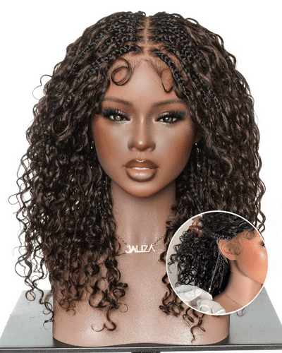 Nami Drawstring Cap Color #4 Water Wave Human Hair Curls Pre Bleached Swiss HD Full Lace Knotless Boho Box Braided Wig