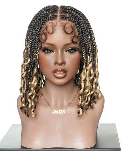 Nina - Short Pre Bleached HD Full Lace Knotless Box Braided Wig With Human Hair Curly Ends
