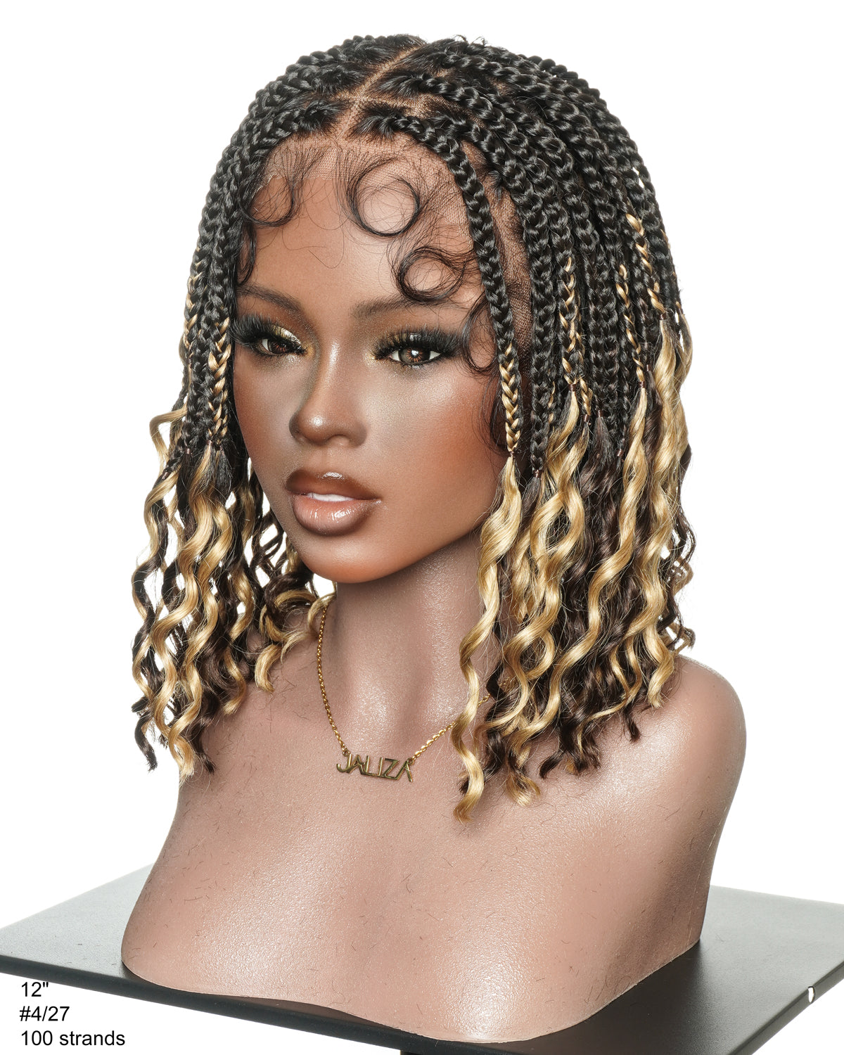 Nina - Short Pre Bleached HD Full Lace Knotless Box Braided Wig With Human Hair Curly Ends