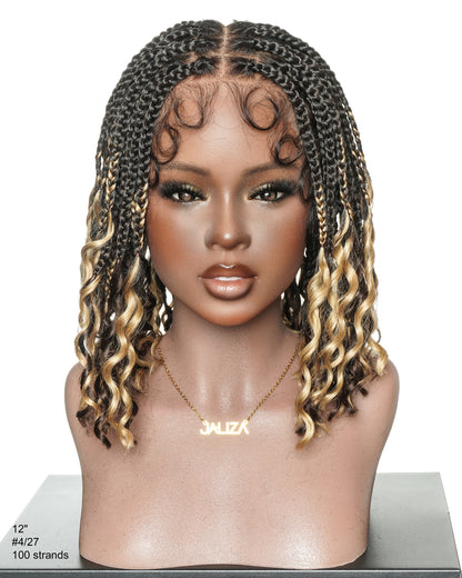 Nina - Short Pre Bleached HD Full Lace Knotless Box Braided Wig With Human Hair Curly Ends