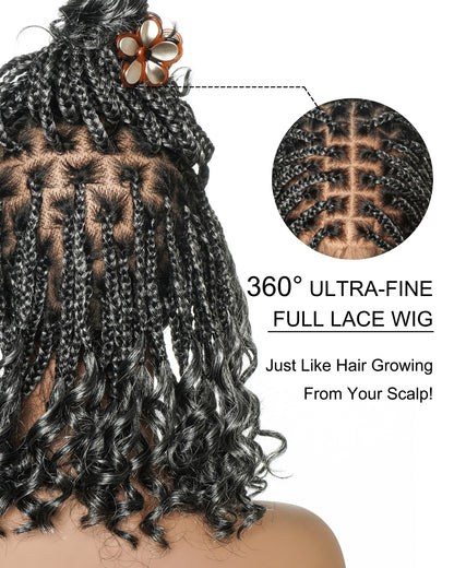Nina - Short Pre Bleached HD Full Lace Knotless Box Braided Wig With Human Hair Curly Ends