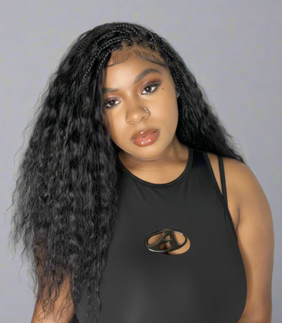 Raina - 22" Bora Bora Human Hair Wet & Wavy Curls Pre Bleached Swiss HD Full Lace Boho Braided Wig