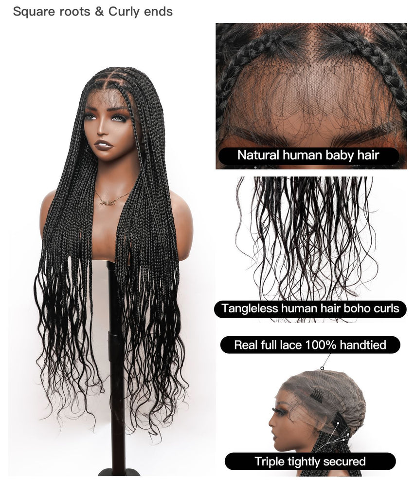Tangleless Human Hair Boho Curly Ends Knotless Box Braided Wig 36