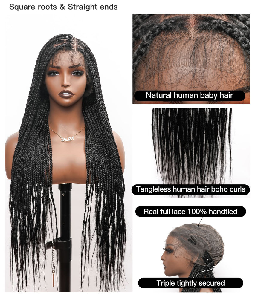 Tangleless Human Hair Boho Ends Knotless Box Braided Wig 36