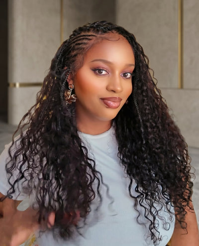 Avery - Fulani 2 Steps Pre Bleached Full lace Cornrow Human Hair Curls Boho Box Braided Wig