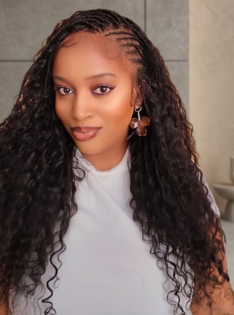Avery - Fulani 2 Steps Pre Bleached Full lace Flip Over Cornrow Human Hair Curls Boho Box Braided Wig