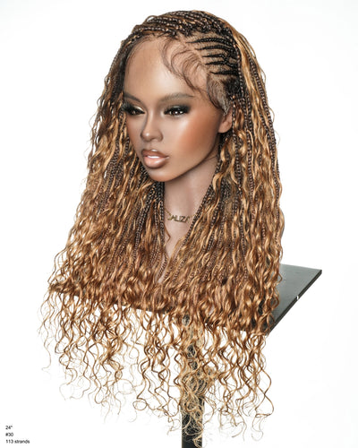 Avery Fulani Human Hair Glueless Swiss HD Lace Cornrow Frontal Boho Box Braided Wig Deep Wave 24 Inches