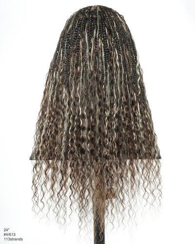 Avery - Fulani 2 Steps Pre Bleached Full lace Cornrow Human Hair Curls Boho Box Braided Wig