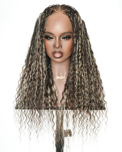 Avery - Fulani 2 Steps Pre Bleached Full lace Cornrow Human Hair Curls Boho Box Braided Wig