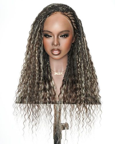 Avery - Fulani 2 Steps Pre Bleached Full lace Cornrow Human Hair Curls Boho Box Braided Wig