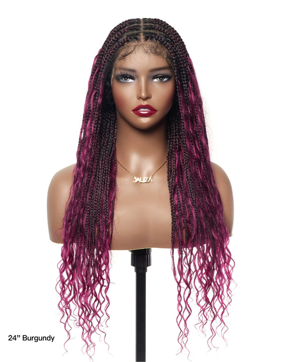 24" Human Hair Boho Box Braided Wig HD Full Lace Lightweight 79 Strands 1 Boho Curl and 1 Boho End