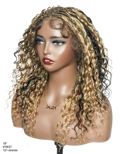 18" Blend 1B 27 613 Color HD Full Lace Human Hair Boho Curls Short Braided Wig