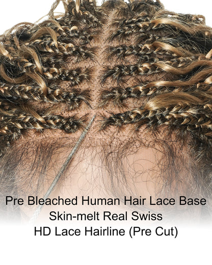18" Blend 1B 27 613 Color HD Full Lace Human Hair Boho Curls Short Braided Wig