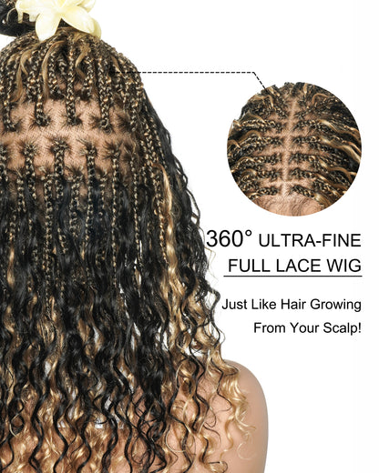 18" Blend 1B 27 613 Color HD Full Lace Human Hair Boho Curls Short Braided Wig