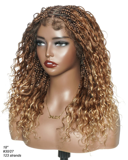 18" Ombre Brown Blond #1B/30 27 Color HD Full Lace Human Hair Boho Curls Short Braided Wig