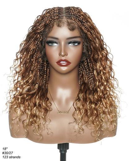 18" Ombre Brown Blond #1B/30 27 Color HD Full Lace Human Hair Boho Curls Short Braided Wig
