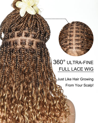 18" Ombre Brown Blond #1B/30 27 Color HD Full Lace Human Hair Boho Curls Short Braided Wig
