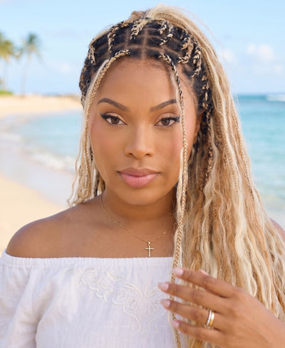 Balayage Mix Color 27/613 Human Hair Wet & Wavy Curls 36" Knotless Boho Box Pre Bleached HD Full Lace Braided Wig