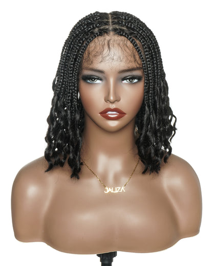 Short Pre Bleached HD Full Lace Knotless Box Braided Wig With Human Hair Curly Ends