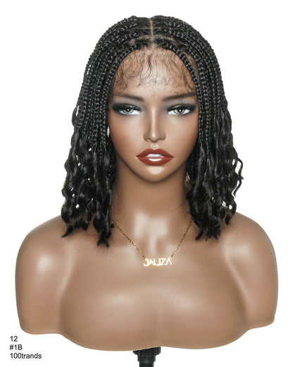 Short Pre Bleached HD Full Lace Knotless Box Braided Wig With Human Hair Curly Ends