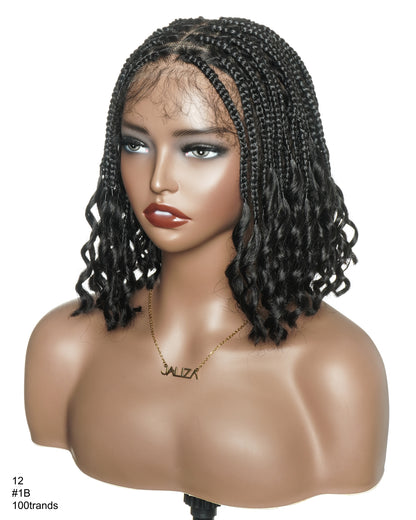 Short Pre Bleached HD Full Lace Knotless Box Braided Wig With Human Hair Curly Ends